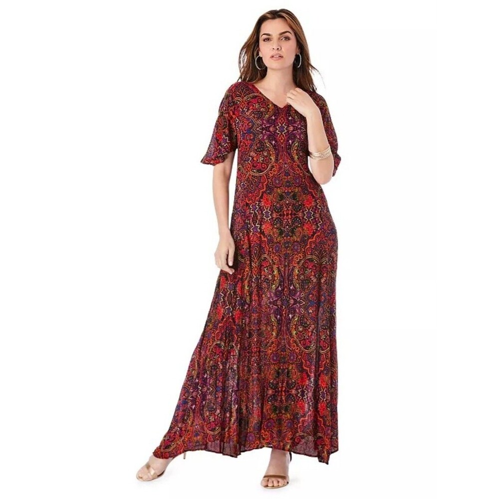 Roaman's Boho Paisley V-Neck Maxi Dress - Red Multi - Size 1X , 22/24